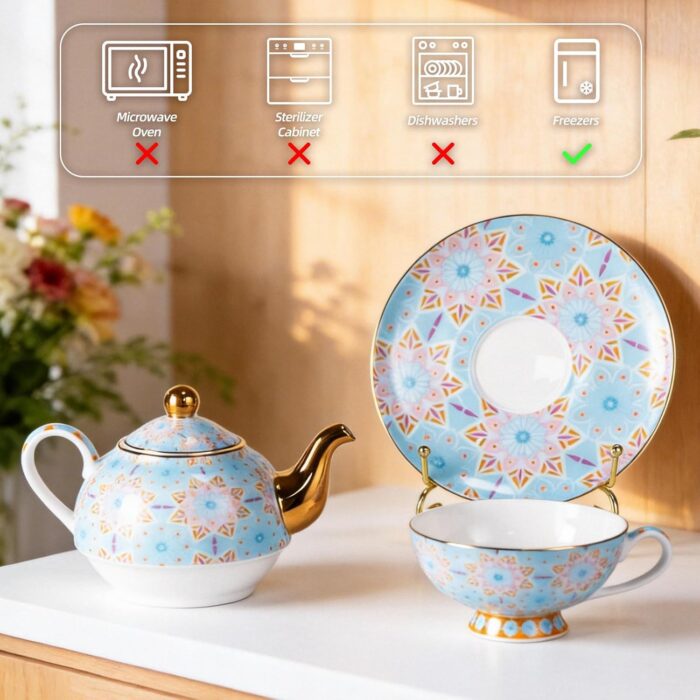 KAMMAK Tea for One, Porcelain Teapot and Cup Set, Blue Tea Pot and Saucers Set, Ceramic Tea Set for Tea Party, Office and Home, Tea Cups and Saucer Set for Coffee, Cappuccino, Tea