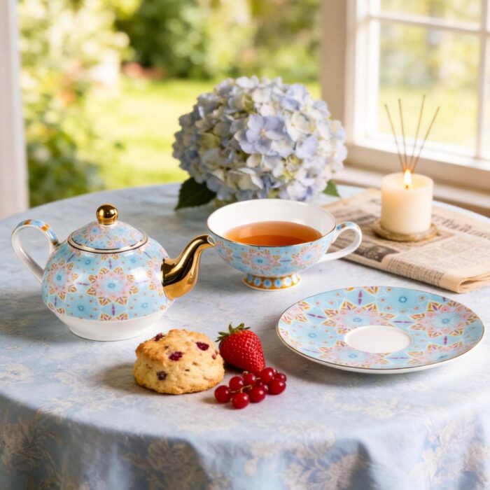 KAMMAK Tea for One, Porcelain Teapot and Cup Set, Blue Tea Pot and Saucers Set, Ceramic Tea Set for Tea Party, Office and Home, Tea Cups and Saucer Set for Coffee, Cappuccino, Tea