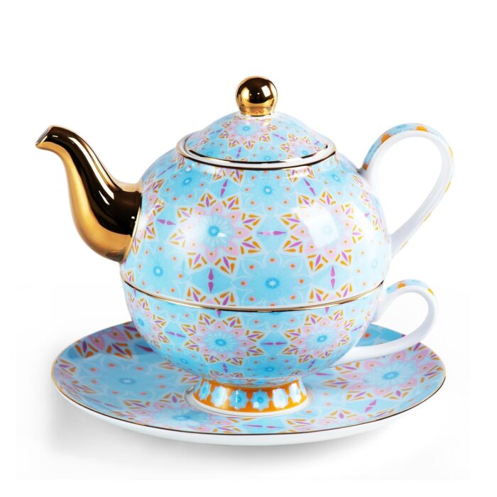 KAMMAK Tea for One, Porcelain Teapot and Cup Set, Blue Tea Pot and Saucers Set, Ceramic Tea Set for Tea Party, Office and Home, Tea Cups and Saucer Set for Coffee, Cappuccino, Tea