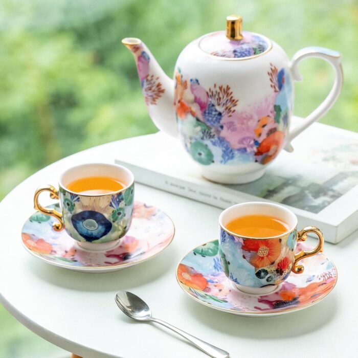 KAMMAK Tea Set for Adults Ceramic Tea Pots and Tea Cup Set, Colorful Tea Cups and Saucers Set for Afternoon Tea, Party, Home, Office, Mordern Porcelain Tea Set with Gold...
