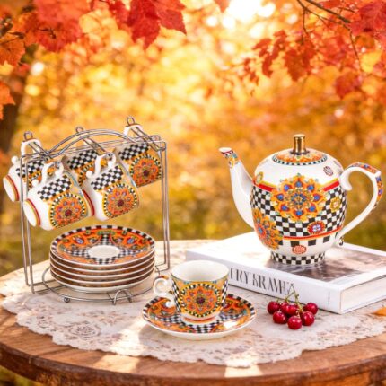 KAMMAK Tea Set for Adults Ceramic Tea Pots and Tea Cup Set, Colorful Tea Cups and Saucers Set for Afternoon Tea, Party, Home, Office, Mordern Porcelain Tea Set with Gold...