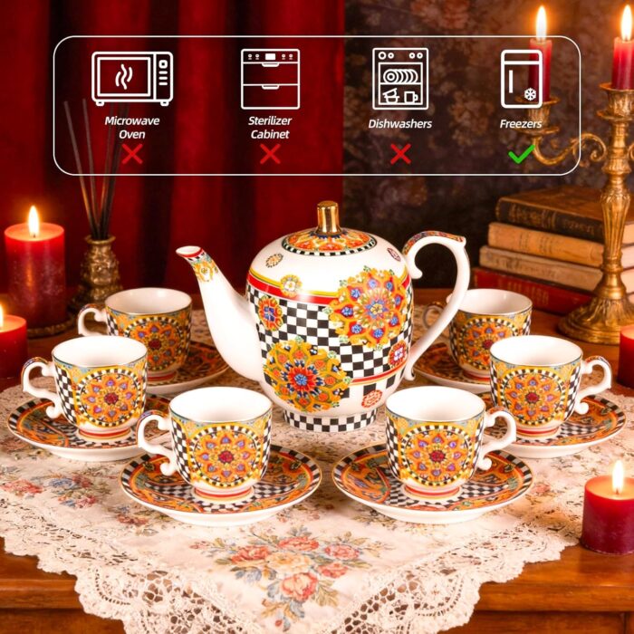 KAMMAK Tea Set for Adults Ceramic Tea Pots and Tea Cup Set, Colorful Tea Cups and Saucers Set for Afternoon Tea, Party, Home, Office, Mordern Porcelain Tea Set with Gold...