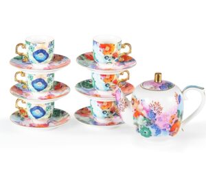 KAMMAK Tea Set for Adults Ceramic Tea Pots and Tea Cup Set, Colorful Tea Cups and Saucers Set for Afternoon Tea, Party, Home, Office, Mordern Porcelain Tea Set with Gold...