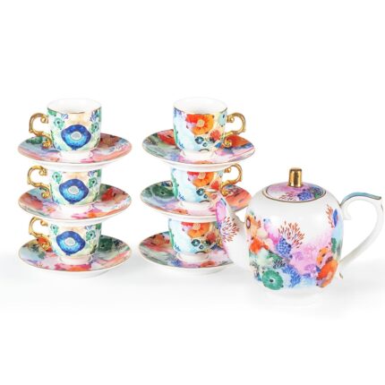 KAMMAK Tea Set for Adults Ceramic Tea Pots and Tea Cup Set, Colorful Tea Cups and Saucers Set for Afternoon Tea, Party, Home, Office, Mordern Porcelain Tea Set with Gold...