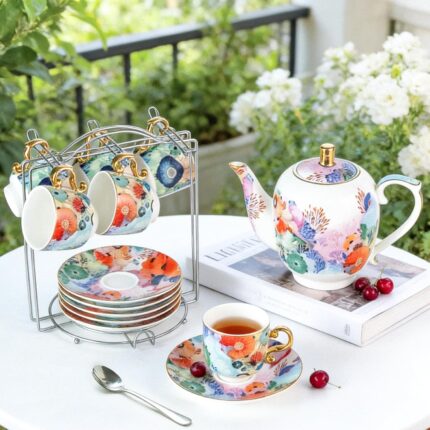 KAMMAK Tea Set for Adults Ceramic Tea Pots and Tea Cup Set, Colorful Tea Cups and Saucers Set for Afternoon Tea, Party, Home, Office, Mordern Porcelain Tea Set with Gold...