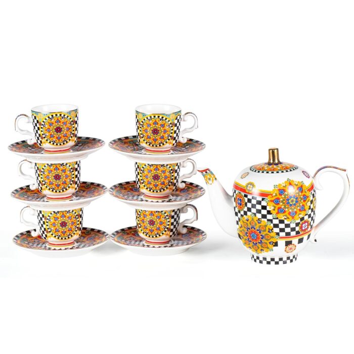 KAMMAK Tea Set for Adults Ceramic Tea Pots and Tea Cup Set, Colorful Tea Cups and Saucers Set for Afternoon Tea, Party, Home, Office, Mordern Porcelain Tea Set with Gold...