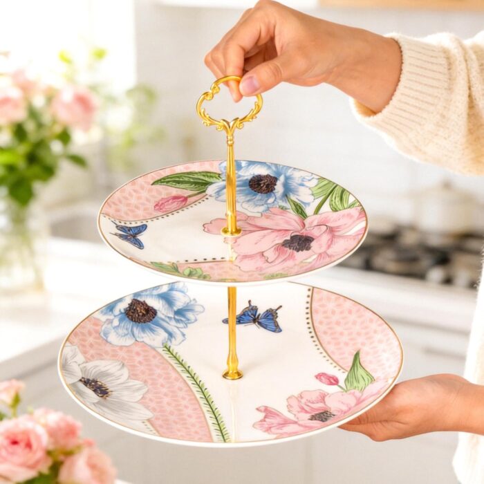 KAMMAK 2-Tier Porcelain Cupcake Stand Serving Tray, Dessert Plates Cake Fruit Candy Display Tower, Reusable Pastry Platter for Wedding Birthday Baby Shower Tea Party Decorations...