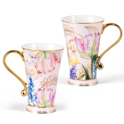 KAMMAK Bone China Mugs Set of 2, Ceramic Tea and Coffee Cups, 10.8oz Porcelain Tall Mugs Set, Hand-painted Cappuccino Mug for Latte, Americano, Breakfast Cereal, Hot Cocoa,...