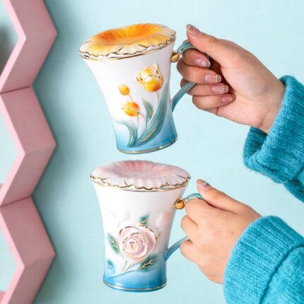 KAMMAK Ceramic Coffee Mugs Set of 2 Porcelain Tea Mugs with Lid,10oz Cute Tea Cups Cappuccino Mug for Latte, Espresso, Americano, Breakfast Cereal, Hot Cocoa, Drinks (Pink and...