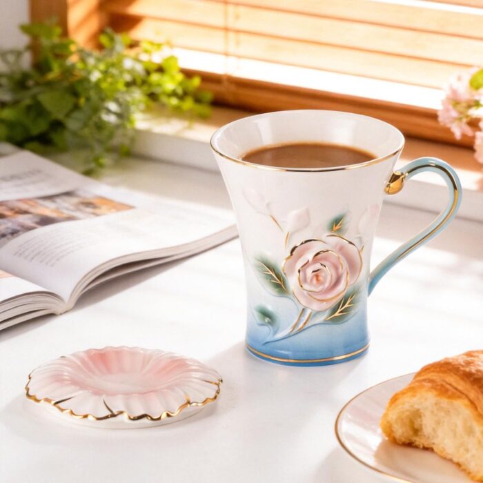 KAMMAK Ceramic Coffee Mugs Set of 2 Porcelain Tea Mugs with Lid,10oz Cute Tea Cups Cappuccino Mug for Latte, Espresso, Americano, Breakfast Cereal, Hot Cocoa, Drinks (Pink and...