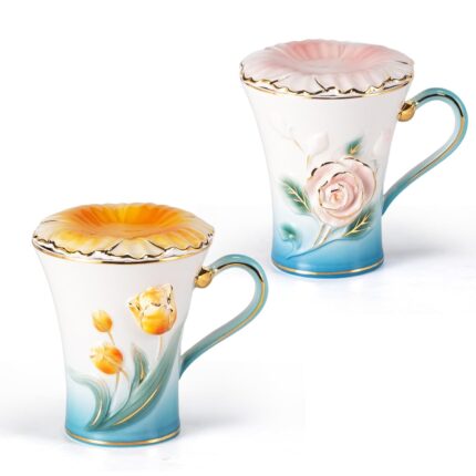 KAMMAK Ceramic Coffee Mugs Set of 2 Porcelain Tea Mugs with Lid,10oz Cute Tea Cups Cappuccino Mug for Latte, Espresso, Americano, Breakfast Cereal, Hot Cocoa, Drinks (Pink and...