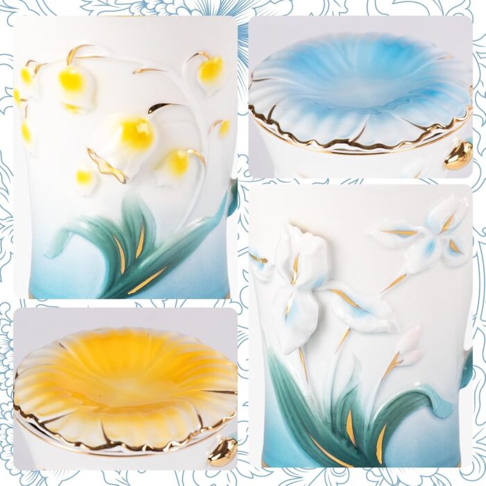 KAMMAK Ceramic Coffee Mugs Set of 2 Porcelain Tea Mugs with Lid (Blue and Yellow)