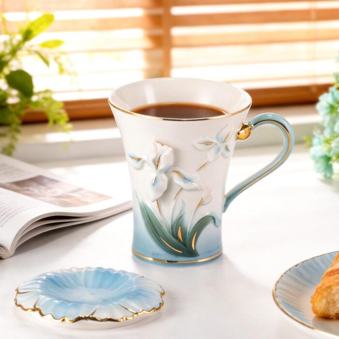 KAMMAK Ceramic Coffee Mugs Set of 2 Porcelain Tea Mugs with Lid (Blue and Yellow)