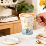 KAMMAK Ceramic Coffee Mugs Set of 2 Porcelain Tea Mugs with Lid (Blue and Yellow)