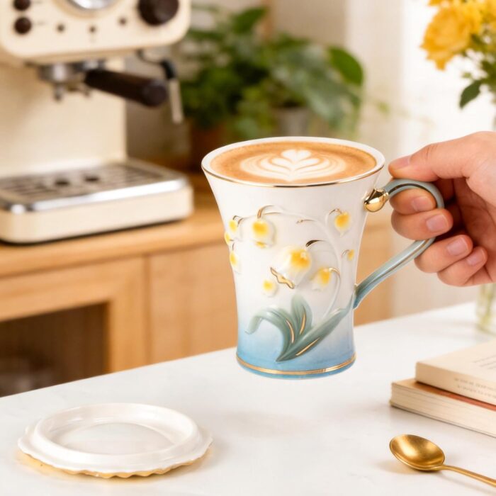 KAMMAK Ceramic Coffee Mugs Set of 2 Porcelain Tea Mugs with Lid (Blue and Yellow)