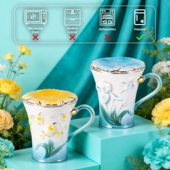 KAMMAK Ceramic Coffee Mugs Set of 2 Porcelain Tea Mugs with Lid (Blue and Yellow)