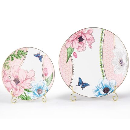 KAMMAK Ceramic Decorative Plate Set of 2, Porcelain Plates for Kitchen Dining Room Wine Cabinet Home Decor, Vintage Collector Plates with 2 Display Stand, Pink (8-inch + 10.5-inch)