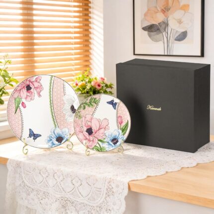 KAMMAK Ceramic Decorative Plate Set of 2, Porcelain Plates for Kitchen Dining Room Wine Cabinet Home Decor, Vintage Collector Plates with 2 Display Stand, Pink (8-inch + 10.5-inch)