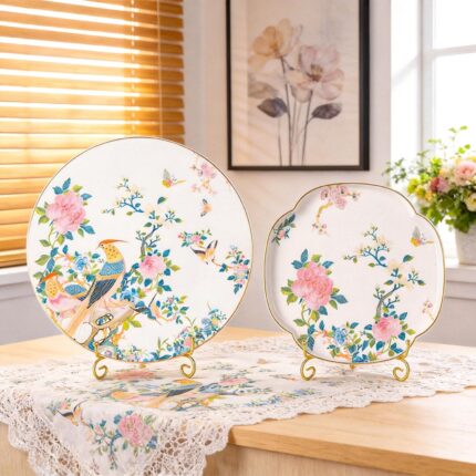KAMMAK Ceramic Decorative Plate Set of 2, Porcelain Plates for Kitchen Dining Room Wine Cabinet Home Decor, Vintage Collector Plates with 2 Display Stand, Circular Square - Peony