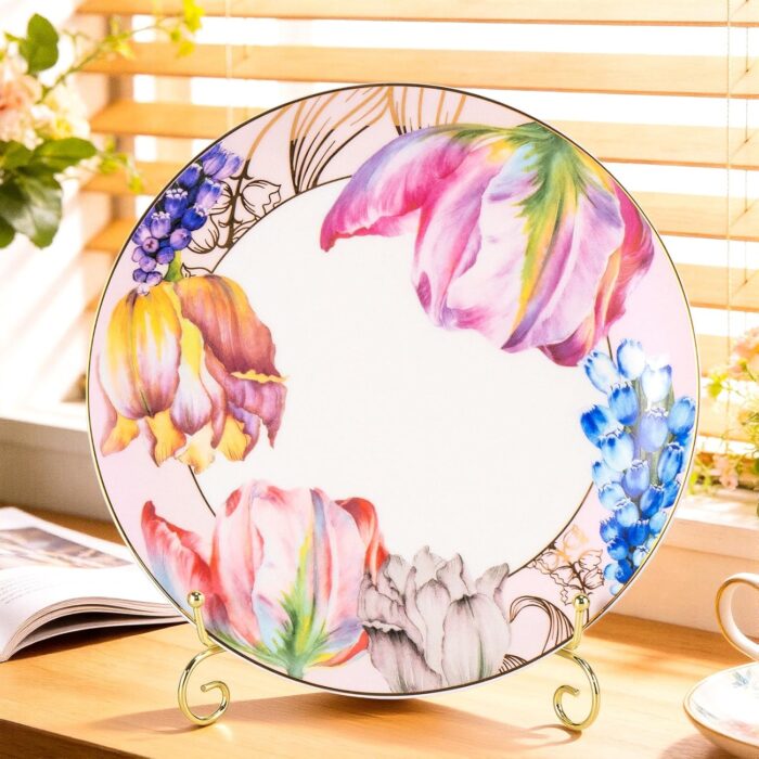 KAMMAK Ceramic Decorative Plate Set of 2, Porcelain Plates for Kitchen Dining Room Wine Cabinet Home Decor, Vintage Collector Plates with 2 Display Stand, Tulip (8-inch +...
