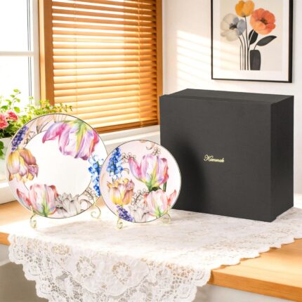 KAMMAK Ceramic Decorative Plate Set of 2, Porcelain Plates for Kitchen Dining Room Wine Cabinet Home Decor, Vintage Collector Plates with 2 Display Stand, Tulip (8-inch +...