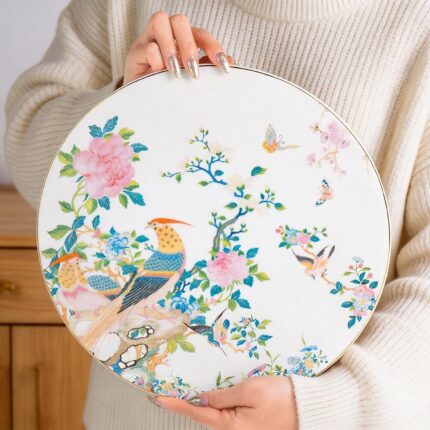 KAMMAK Ceramic Decorative Plate Set of 2, Porcelain Plates for Kitchen Dining Room Wine Cabinet Home Decor, Vintage Collector Plates with 2 Display Stand, Circular Square - Peony