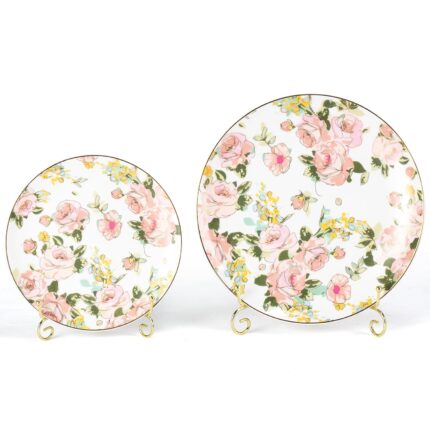 KAMMAK Ceramic Decorative Plate Set of 2, Porcelain Plates for Kitchen Dining Room Wine Cabinet Home Decor, Vintage Collector Plates with 2 Display Stand, Wild Rose (8-inch +...