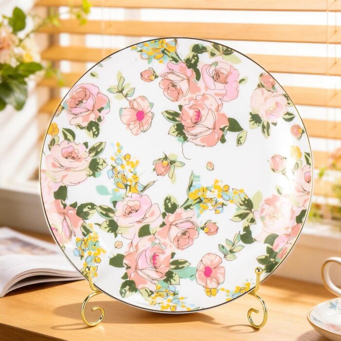 KAMMAK Ceramic Decorative Plate Set of 2, Porcelain Plates for Kitchen Dining Room Wine Cabinet Home Decor, Vintage Collector Plates with 2 Display Stand, Wild Rose (8-inch +...