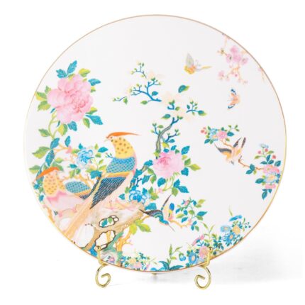 KAMMAK Ceramic Decorative Plate Set of 2, Porcelain Plates for Kitchen Dining Room Wine Cabinet Home Decor, Vintage Collector Plates with 2 Display Stand, Circular Square - Peony