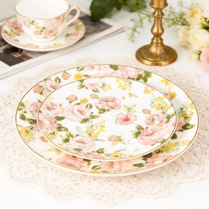 KAMMAK Ceramic Decorative Plate Set of 2, Porcelain Plates for Kitchen Dining Room Wine Cabinet Home Decor, Vintage Collector Plates with 2 Display Stand, Wild Rose (8-inch +...