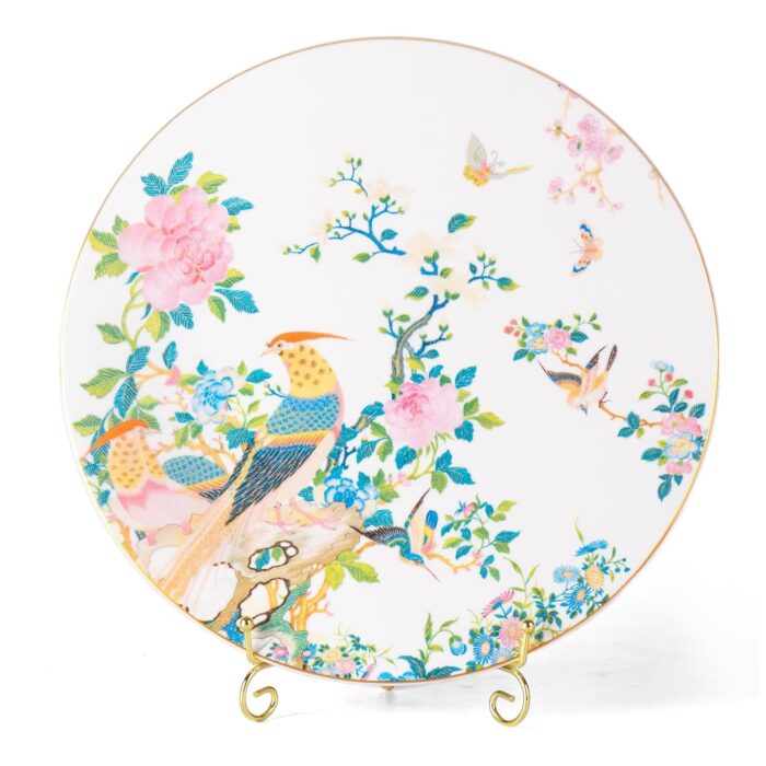 KAMMAK Ceramic Decorative Plate Set of 2, Porcelain Plates for Kitchen Dining Room Wine Cabinet Home Decor, Vintage Collector Plates with 2 Display Stand, Circular Square - Peony