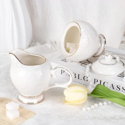 KAMMAK Ceramic Sugar and Creamer Set, Creamer Pitcher and Sugar Container, White Creamer Container for Coffee Milk Sauces Salad, Sugar Bowl with Lid for Coffee Bar, Porcelain...
