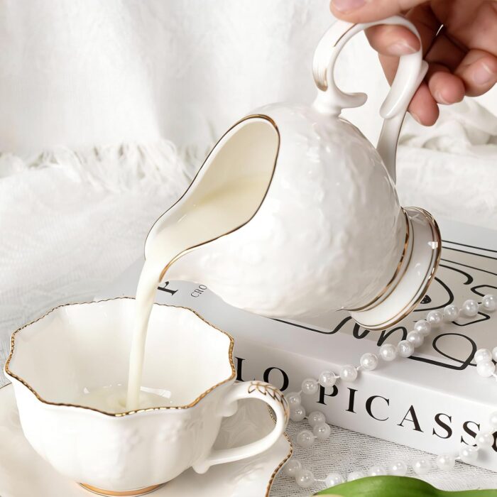 KAMMAK Ceramic Sugar and Creamer Set, Creamer Pitcher and Sugar Container, White Creamer Container for Coffee Milk Sauces Salad, Sugar Bowl with Lid for Coffee Bar, Porcelain...