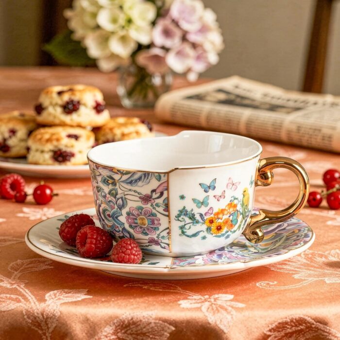 KAMMAK Tea Cups and Saucers Set of 2, Fine Bone China Coffee Cups, 8.45-Ounce Stackable Espresso Mugs, Ceramic Demitasse for Coffee, Cappuccino, Latte, Americano, Tea, Peony +...