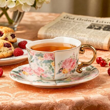 KAMMAK Tea Cups and Saucers Set of 2, Fine Bone China Coffee Cups, 8.45-Ounce Stackable Espresso Mugs, Ceramic Demitasse for Coffee, Cappuccino, Latte, Americano, Tea, Peony +...