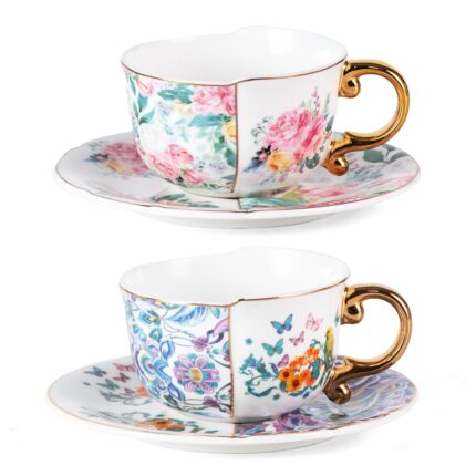 KAMMAK Tea Cups and Saucers Set of 2, Fine Bone China Coffee Cups, 8.45-Ounce Stackable Espresso Mugs, Ceramic Demitasse for Coffee, Cappuccino, Latte, Americano, Tea, Peony +...