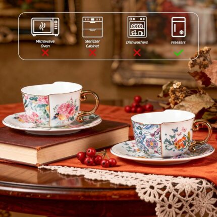 KAMMAK Tea Cups and Saucers Set of 2, Fine Bone China Coffee Cups, 8.45-Ounce Stackable Espresso Mugs, Ceramic Demitasse for Coffee, Cappuccino, Latte, Americano, Tea, Peony +...