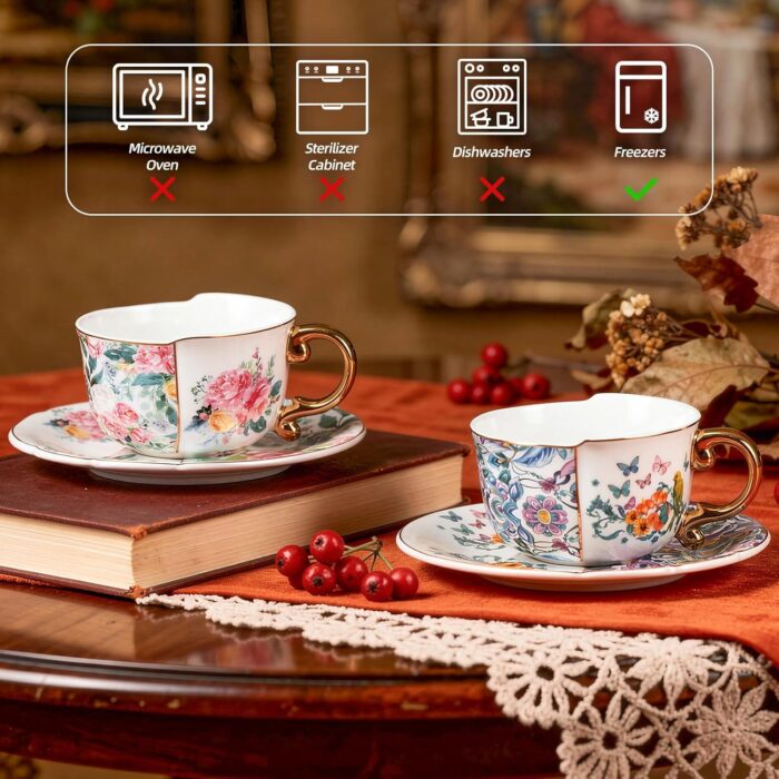 KAMMAK Tea Cups and Saucers Set of 2, Fine Bone China Coffee Cups, 8.45-Ounce Stackable Espresso Mugs, Ceramic Demitasse for Coffee, Cappuccino, Latte, Americano, Tea, Peony +...
