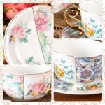 KAMMAK Tea Cups and Saucers Set of 2, Fine Bone China Coffee Cups, 8.45-Ounce Stackable Espresso Mugs, Ceramic Demitasse for Coffee, Cappuccino, Latte, Americano, Tea, Peony +...