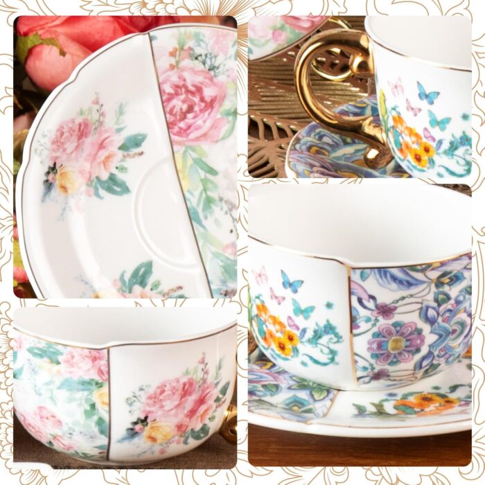 KAMMAK Tea Cups and Saucers Set of 2, Fine Bone China Coffee Cups, 8.45-Ounce Stackable Espresso Mugs, Ceramic Demitasse for Coffee, Cappuccino, Latte, Americano, Tea, Peony +...