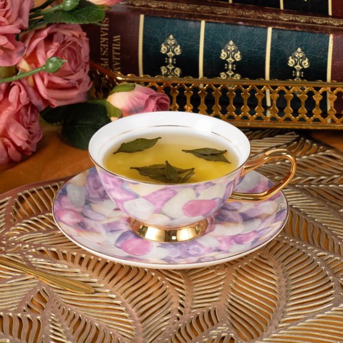 KAMMAK Tea Cups and Saucers Set of 2, Fine Bone China Coffee Cups, Stackable Espresso Mugs, Ceramic Demitasse for Coffee, Cappuccino, Latte, Americano, Tea, Pebble