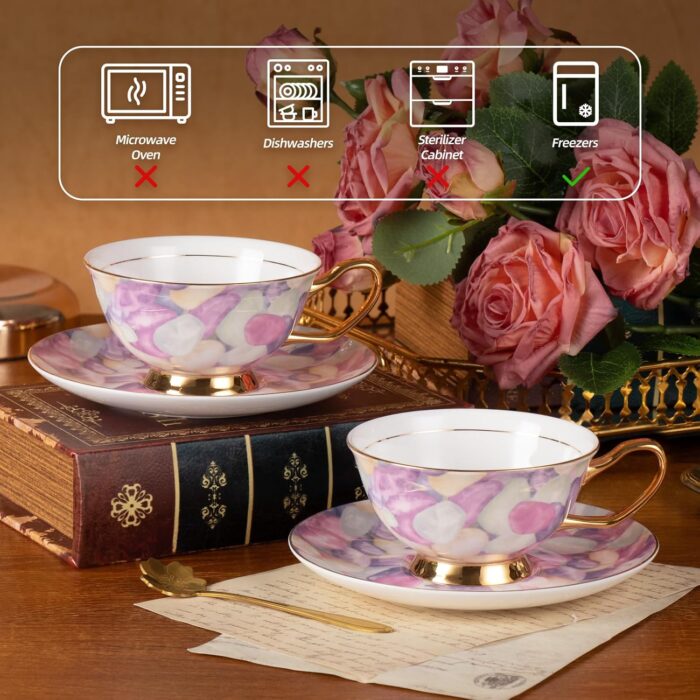 KAMMAK Tea Cups and Saucers Set of 2, Fine Bone China Coffee Cups, Stackable Espresso Mugs, Ceramic Demitasse for Coffee, Cappuccino, Latte, Americano, Tea, Pebble