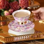 KAMMAK Tea Cups and Saucers Set of 2, Fine Bone China Coffee Cups, Stackable Espresso Mugs, Ceramic Demitasse for Coffee, Cappuccino, Latte, Americano, Tea, Pebble