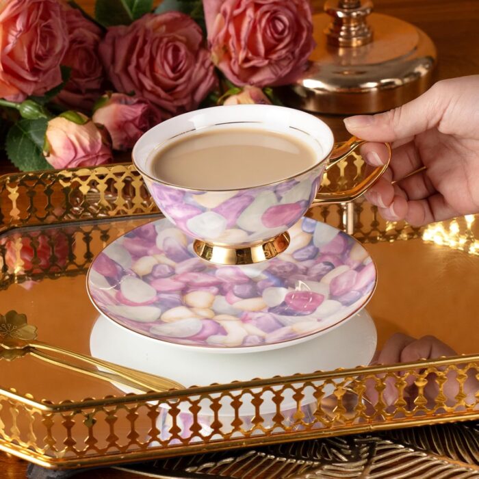 KAMMAK Tea Cups and Saucers Set of 2, Fine Bone China Coffee Cups, Stackable Espresso Mugs, Ceramic Demitasse for Coffee, Cappuccino, Latte, Americano, Tea, Pebble