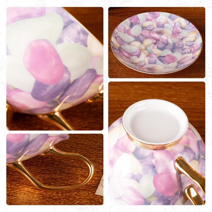 KAMMAK Tea Cups and Saucers Set of 2, Fine Bone China Coffee Cups, Stackable Espresso Mugs, Ceramic Demitasse for Coffee, Cappuccino, Latte, Americano, Tea, Pebble