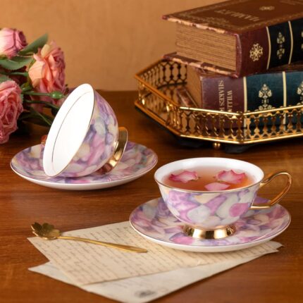 KAMMAK Tea Cups and Saucers Set of 2, Fine Bone China Coffee Cups, Stackable Espresso Mugs, Ceramic Demitasse for Coffee, Cappuccino, Latte, Americano, Tea, Pebble