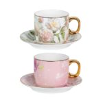 KAMMAK Tea Cups and Saucers Set of 2, Fine Bone China Coffee Cups, Stackable Espresso Mugs, Ceramic Demitasse for Coffee, Cappuccino, Latte, Americano, Tea, White Rose + Beauty...