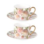 KAMMAK Tea Cups and Saucers Set of 2, Fine Bone China Coffee Cups, Stackable Espresso Mugs, Ceramic Demitasse for Coffee, Cappuccino, Latte, Americano, Tea, White Rose