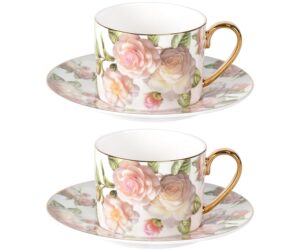 KAMMAK Tea Cups and Saucers Set of 2, Fine Bone China Coffee Cups, Stackable Espresso Mugs, Ceramic Demitasse for Coffee, Cappuccino, Latte, Americano, Tea, White Rose