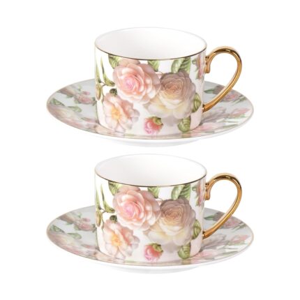 KAMMAK Tea Cups and Saucers Set of 2, Fine Bone China Coffee Cups, Stackable Espresso Mugs, Ceramic Demitasse for Coffee, Cappuccino, Latte, Americano, Tea, White Rose